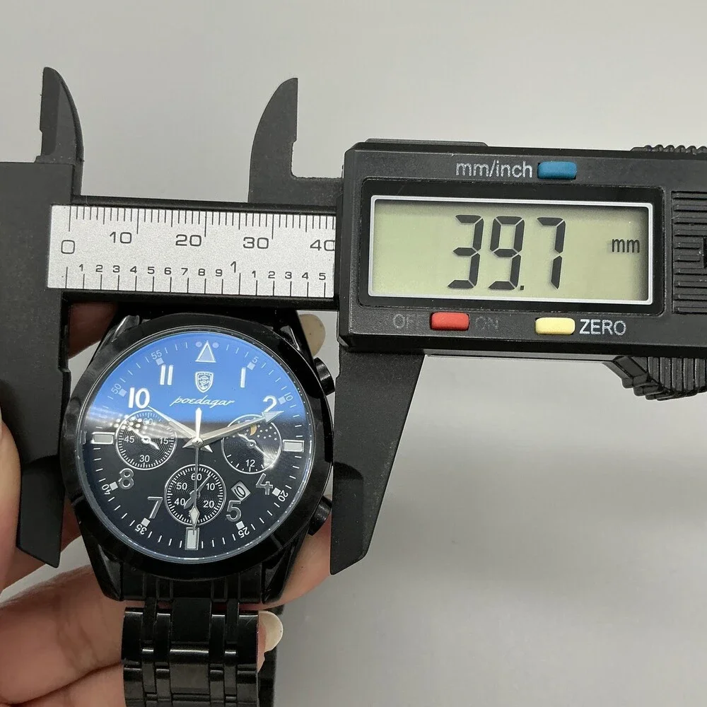 Poedagar Mens Watch 40mm Blue Dial Black Stainless Faux Chrono P318 7.75